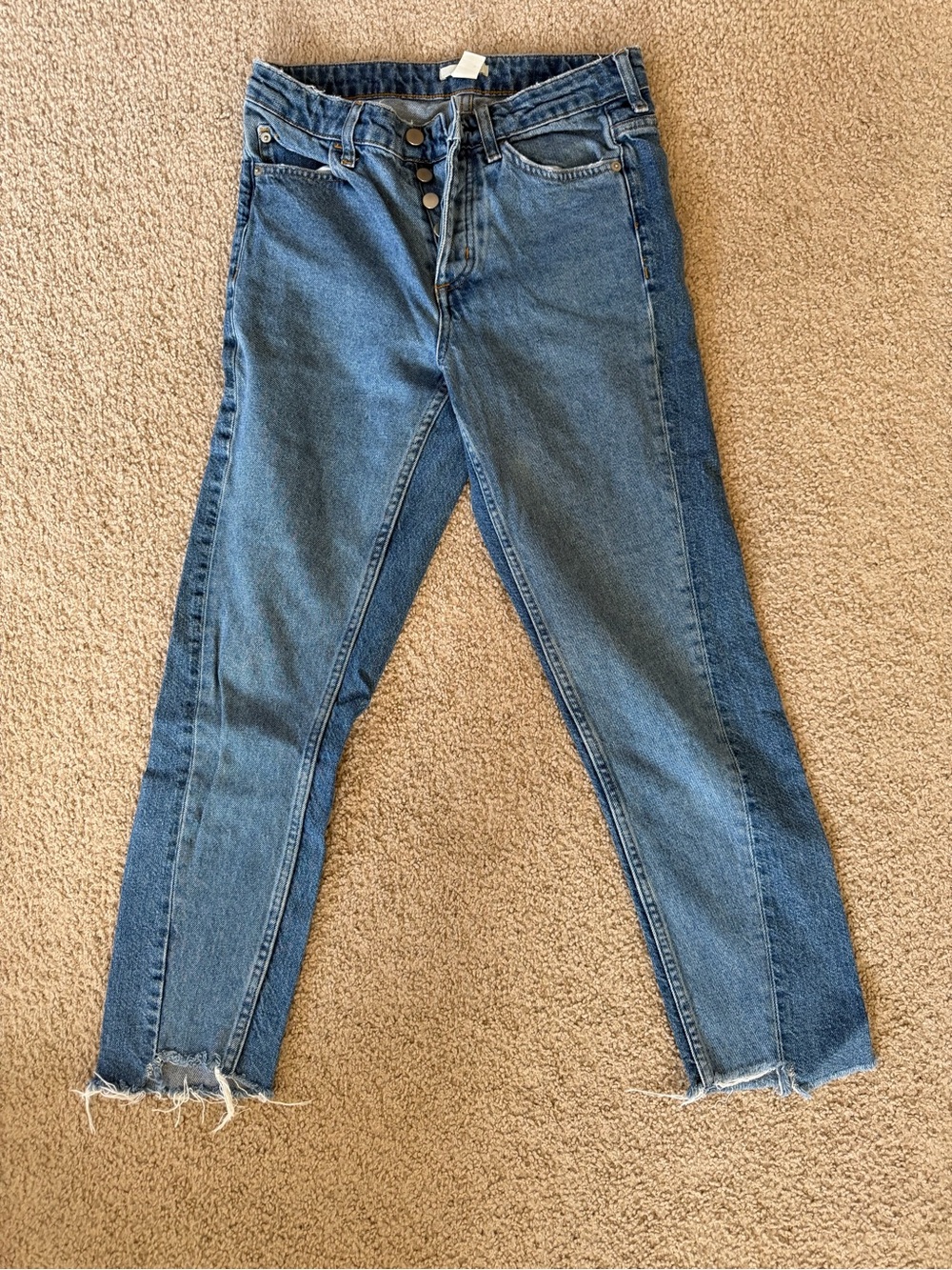 H&M High-Rise Denim Jeans in Medium Blue with Raw Hem